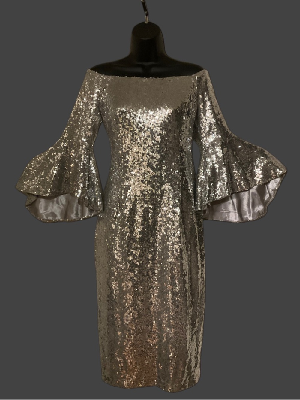 Sequin Off-Shoulder Silver Bell-Sleeve Cocktail Dress